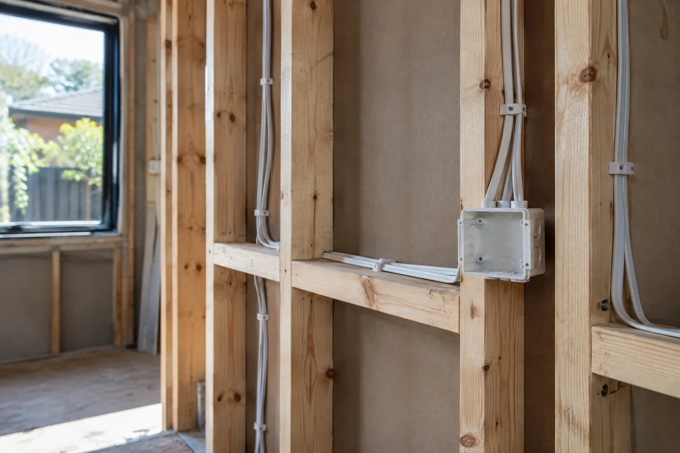Insulated electrical cables secured inside an unfinished timber stud wall